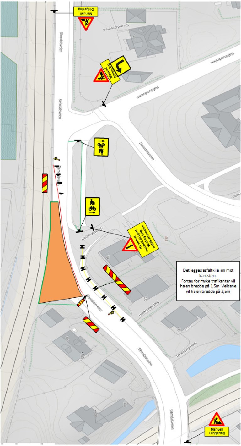 Kart som viser arbeidsområdet (orange felt) og skiltplan for omliggende område. Arbeidsområdet ligger der Hafslundveien kommer inn på Slemdalsveien.&nbsp;