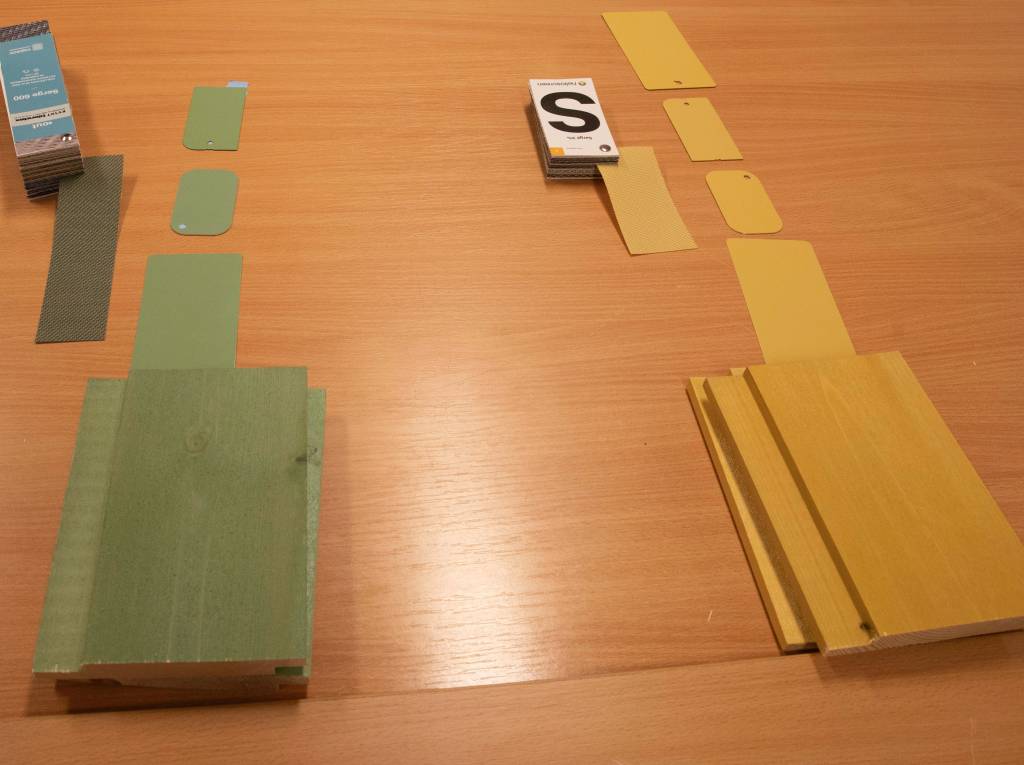 Slik ser fargeprøvene ut - grønt for utvidet campus for VID og gult for den nye videregående skolen. 