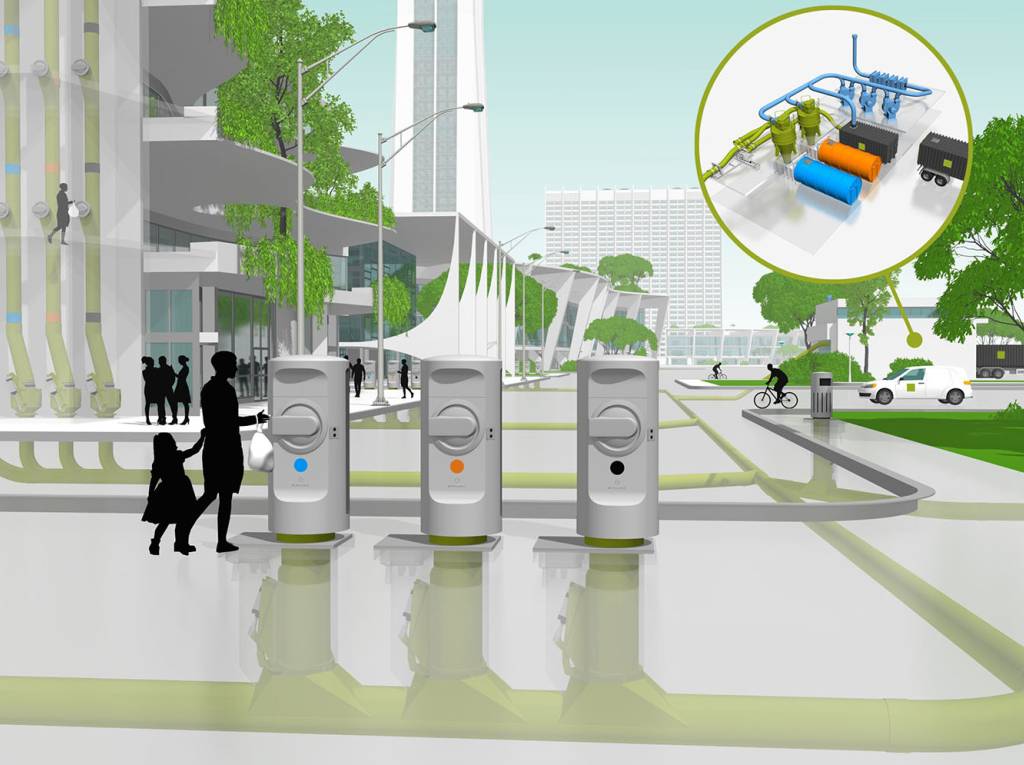 Sortert avfall kastes i nedkast utendørs eller innendørs. Avfallet fraktes i rør under bakken til miljøstasjonen. Hit kommer lastebiler og henter avfallet videre til gjenvinning og videre avfallshåndtering. Illustrasjon: Envac. 